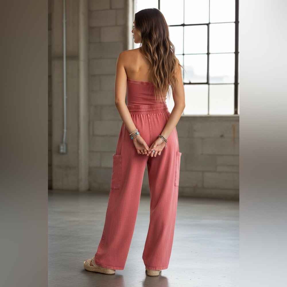 NWT Washed Drawstring Waist Strapless Cargo Pocket Wide Leg Jumpsuit Jumper - Picture 5 of 7